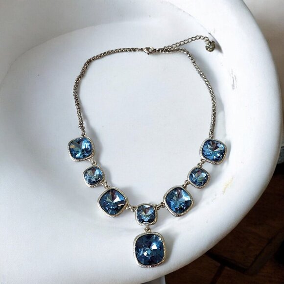 Monet Necklace Blue Large Rhinestones Faceted Silver‎ Tone Y-Drop Statement 18" - Picture 10 of 10